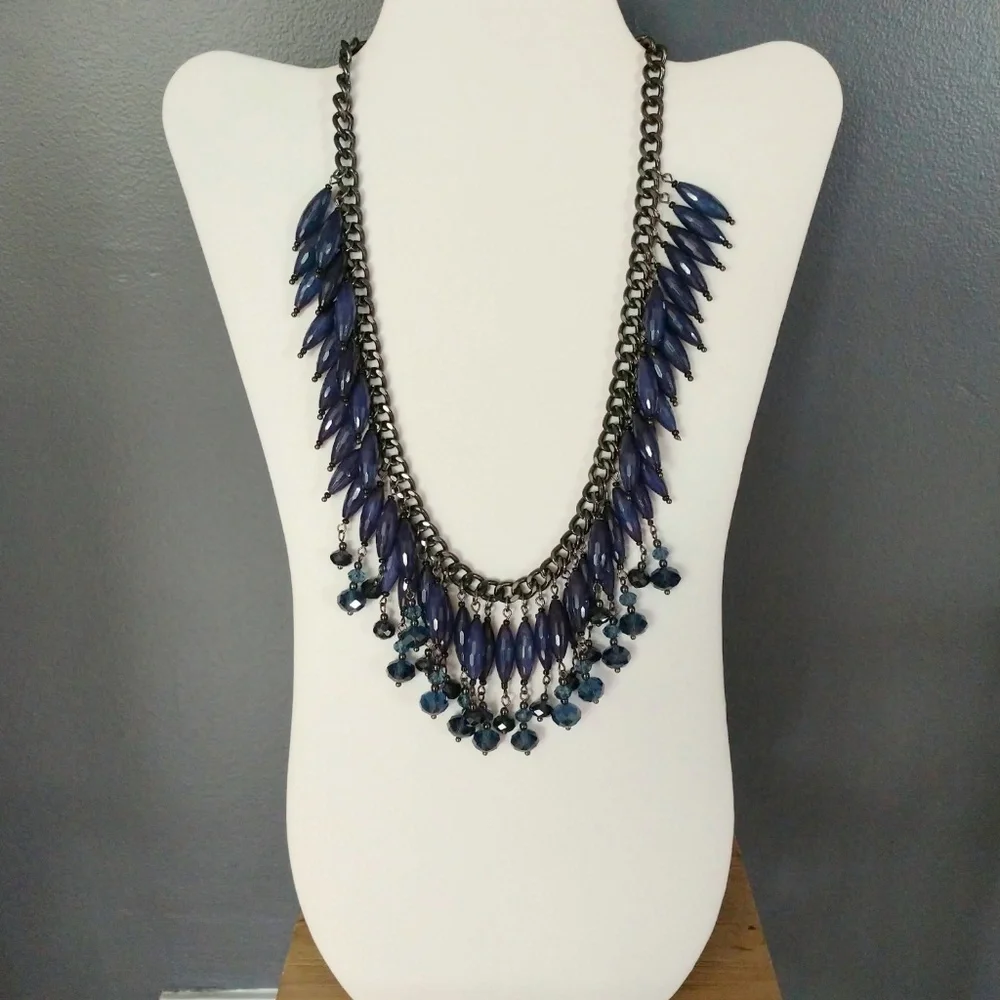 Dark blue beaded fringe tassel statement necklace
